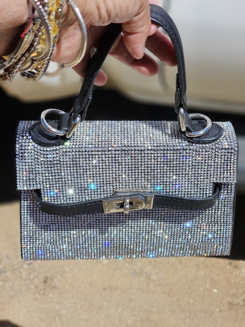 Sparkling Crystal Mini Top-Handle Bag in Silver